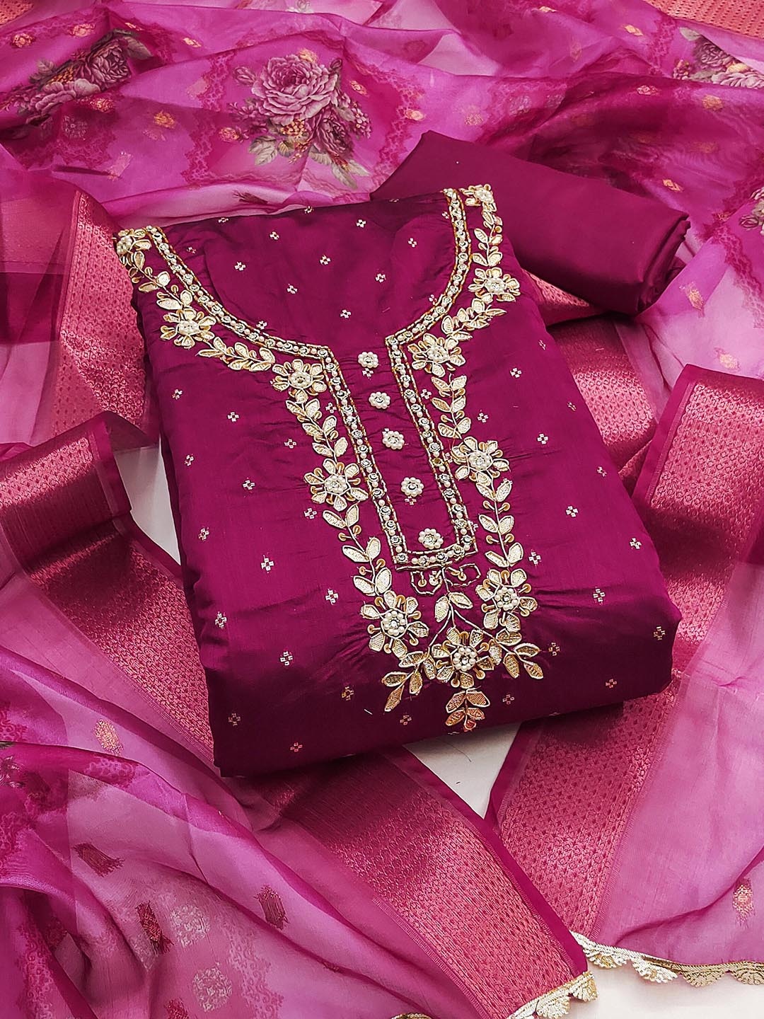 

HERE&NOW Embellished Unstitched Dress Material, Magenta