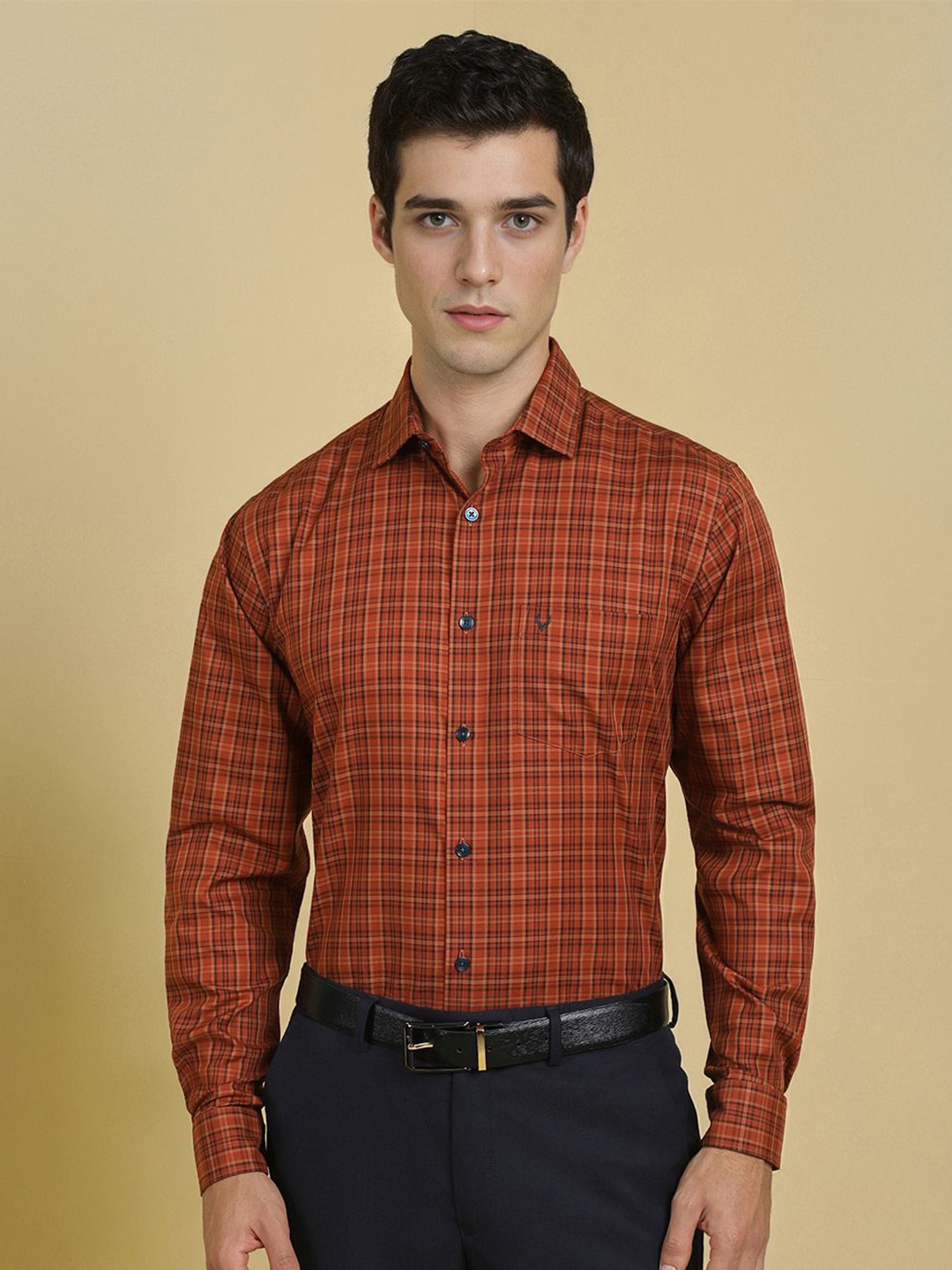 

Allen Solly Men Slim Fit Spread Collar Checked Cotton Formal Shirt, Orange