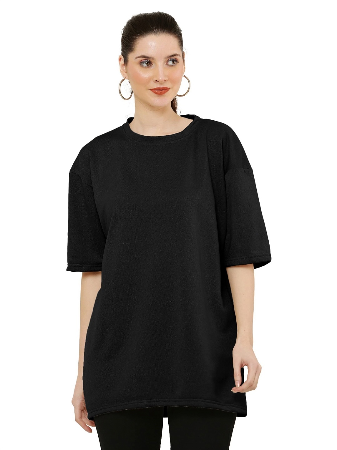 

NOTWILD Women Solid Round Neck Cotton Oversized T-shirt, Black