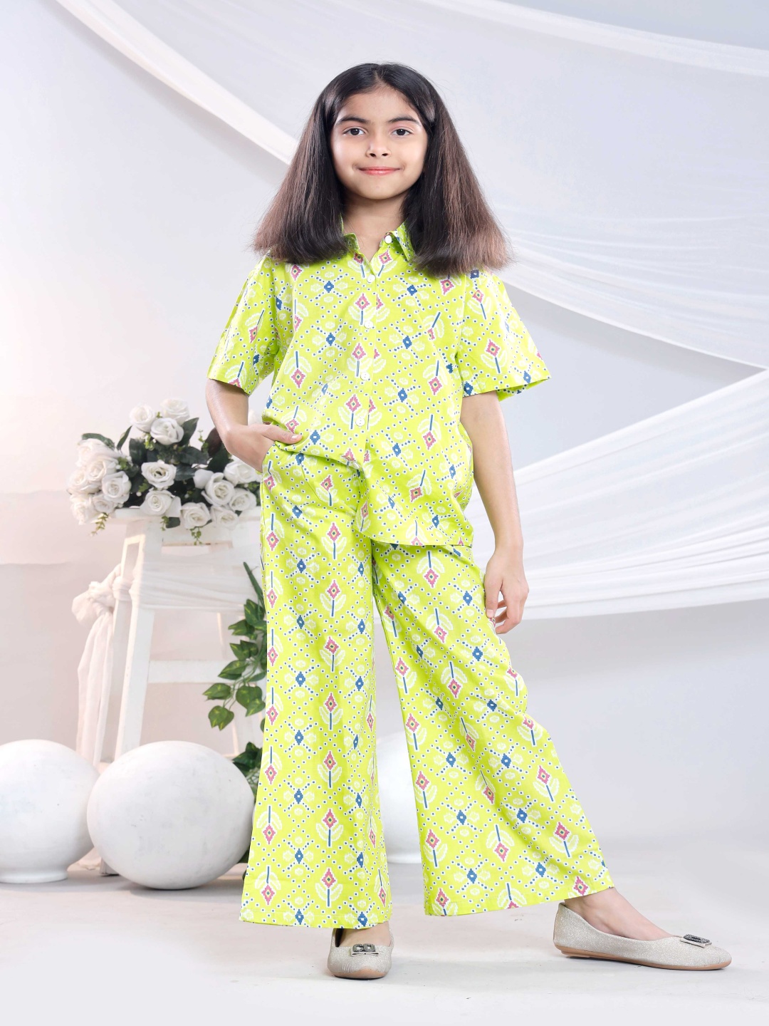 

BAESD Girls Ethnic Motifs Printed Pure Cotton Shirt With Palazoo, Lime green