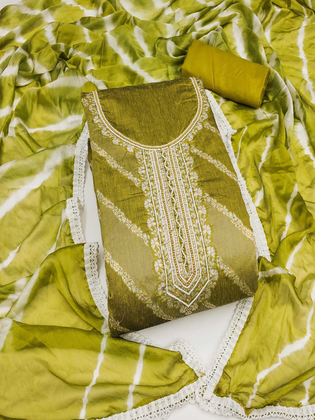 

HERE&NOW Embellished Unstitched Dress Material, Lime green