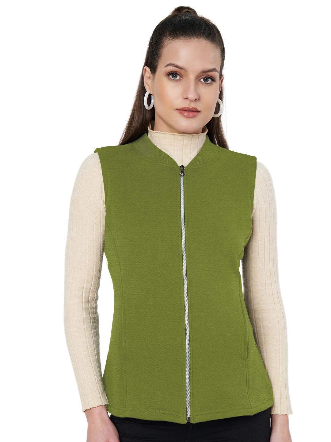 

BRINNS Women Stand Collar Solid Fleece Casual Gilet Jacket, Olive