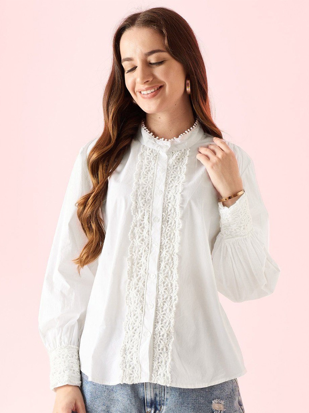 

MIZAGO Women Solid Mandarin Collar Lace Inserts Cotton Top, White