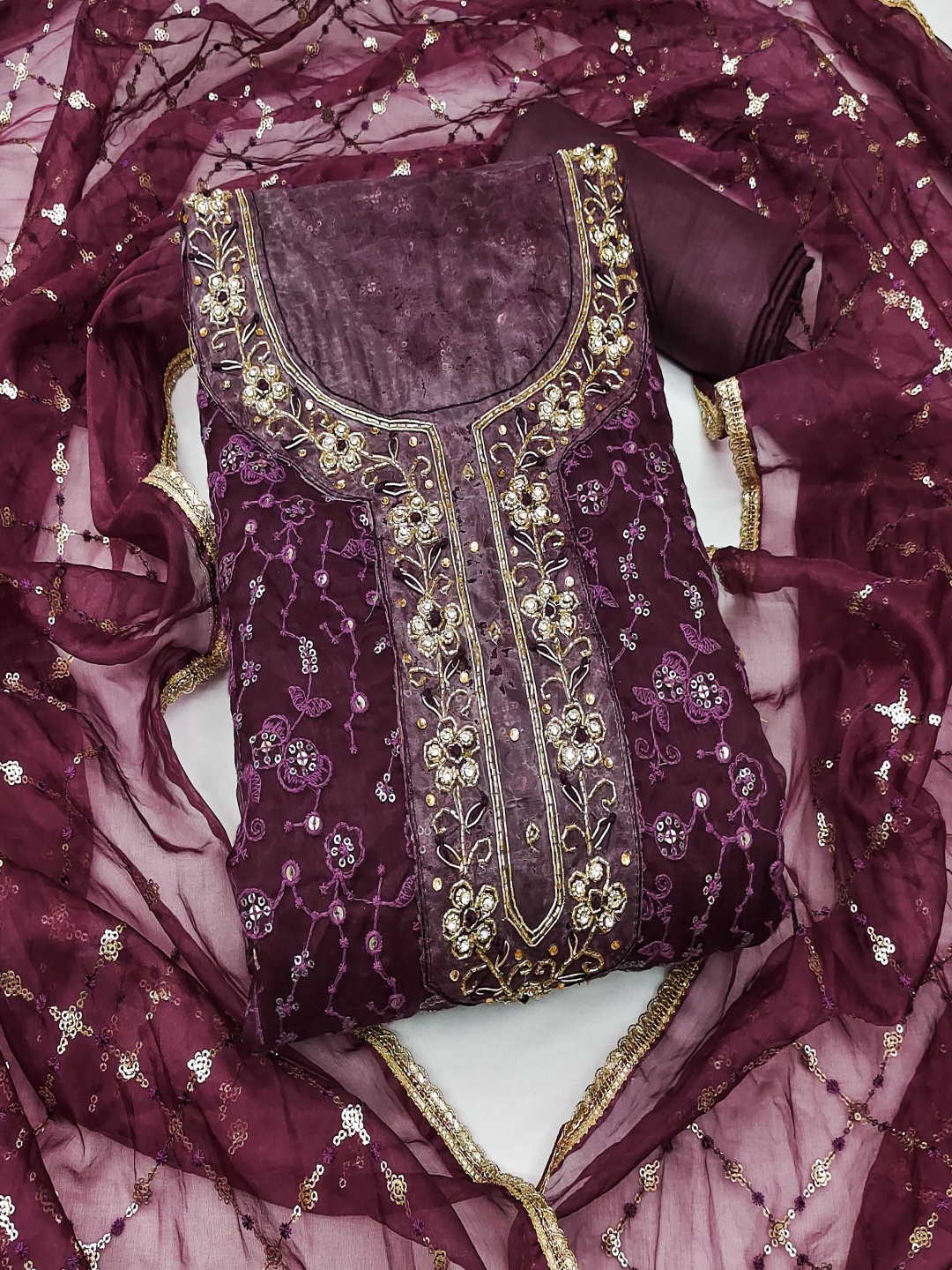 

HERE&NOW Embellished Organza Unstitched Dress Material, Violet