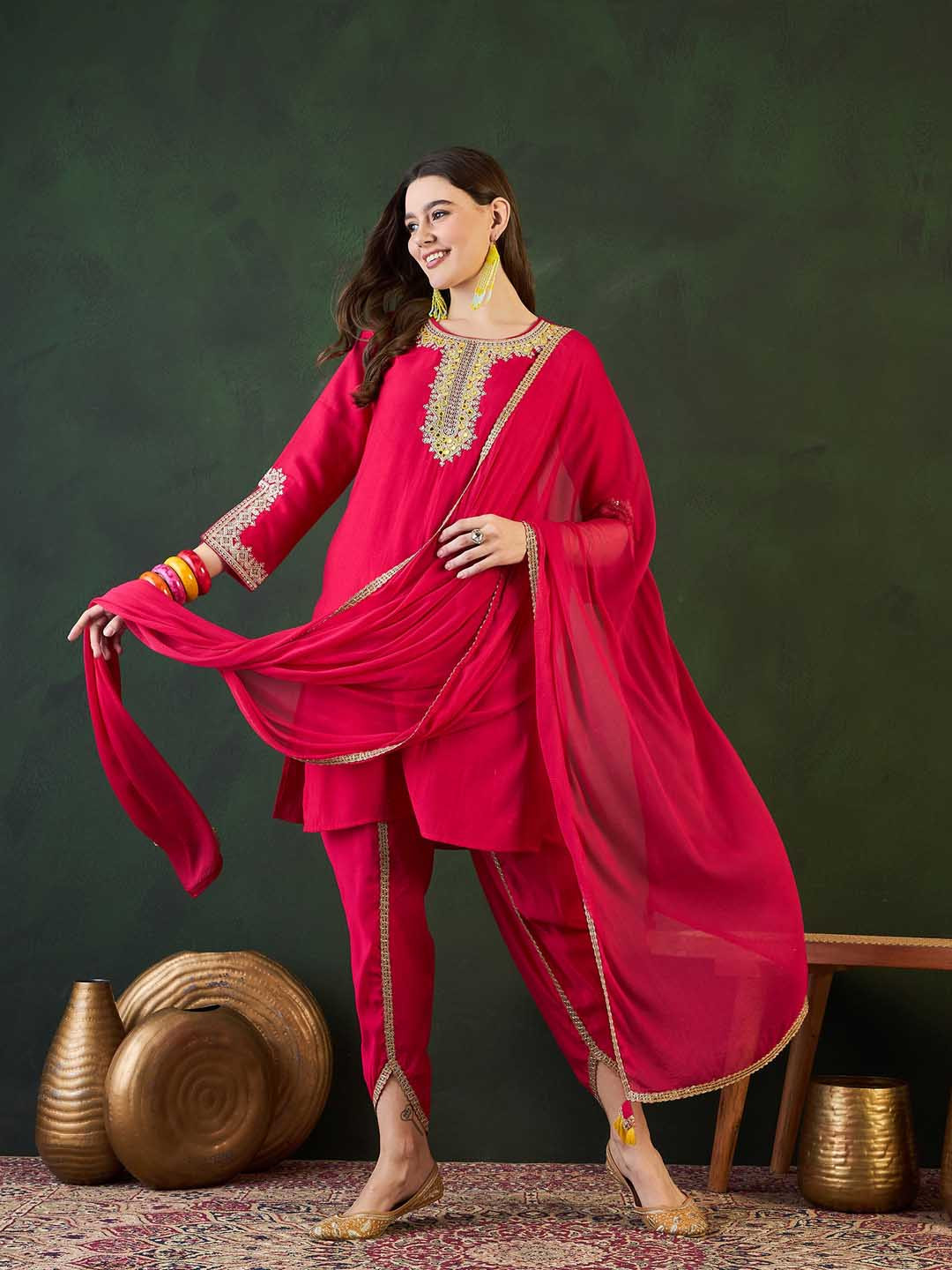 

Sangria Ethnic Motifs Embroidered Round Neck Straight Kurta With Dhoti Pants And Dupatta, Red