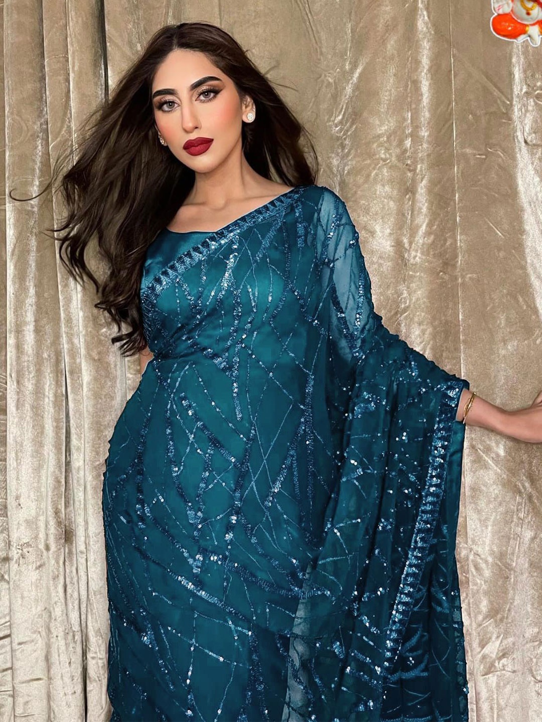 

PAYAL CREATION Beads and Stones Pure Georgette Saree, Teal