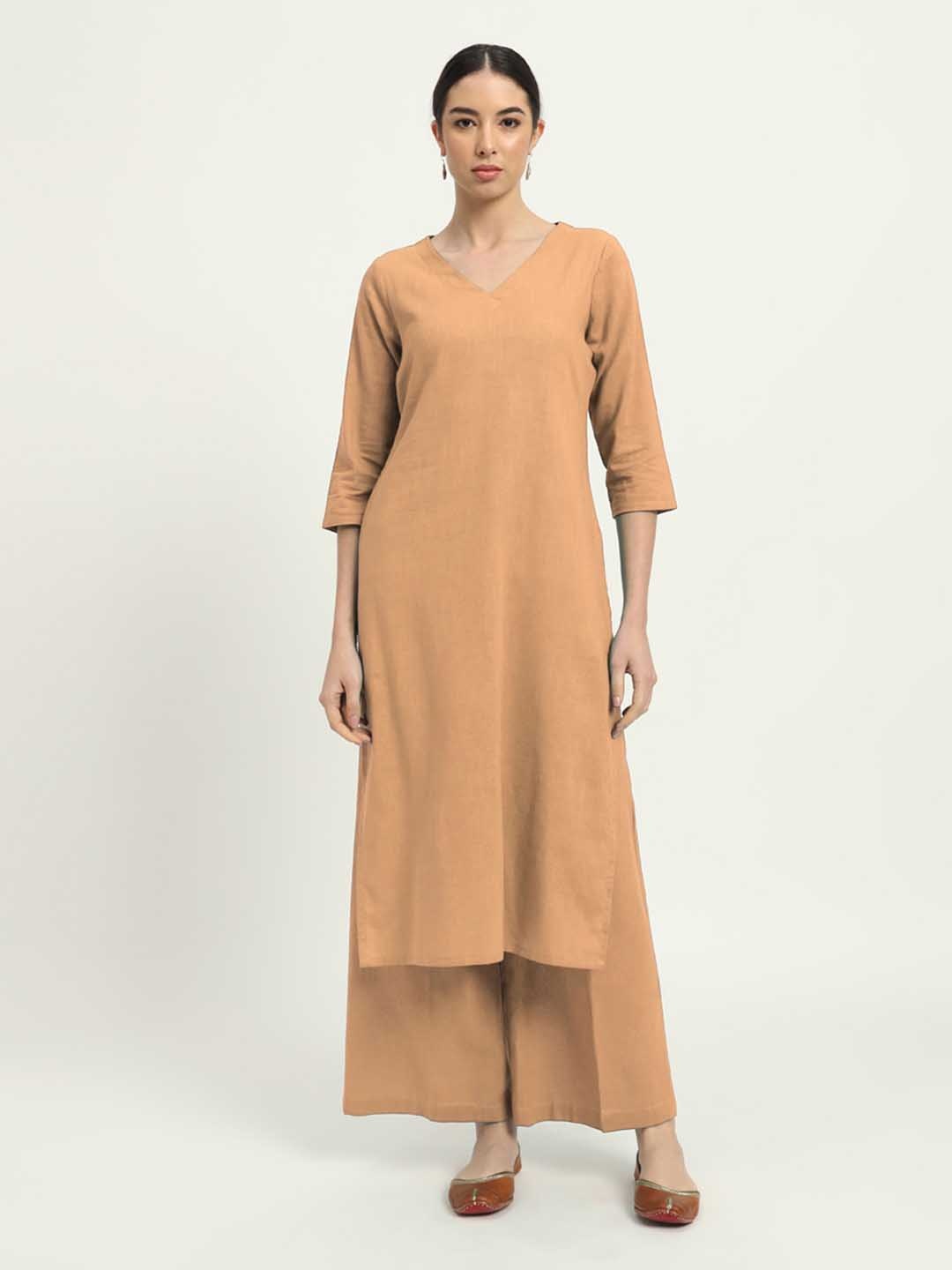 

Thevasa V-Neck Straight Pure Cotton Tunic And Palazzo, Beige