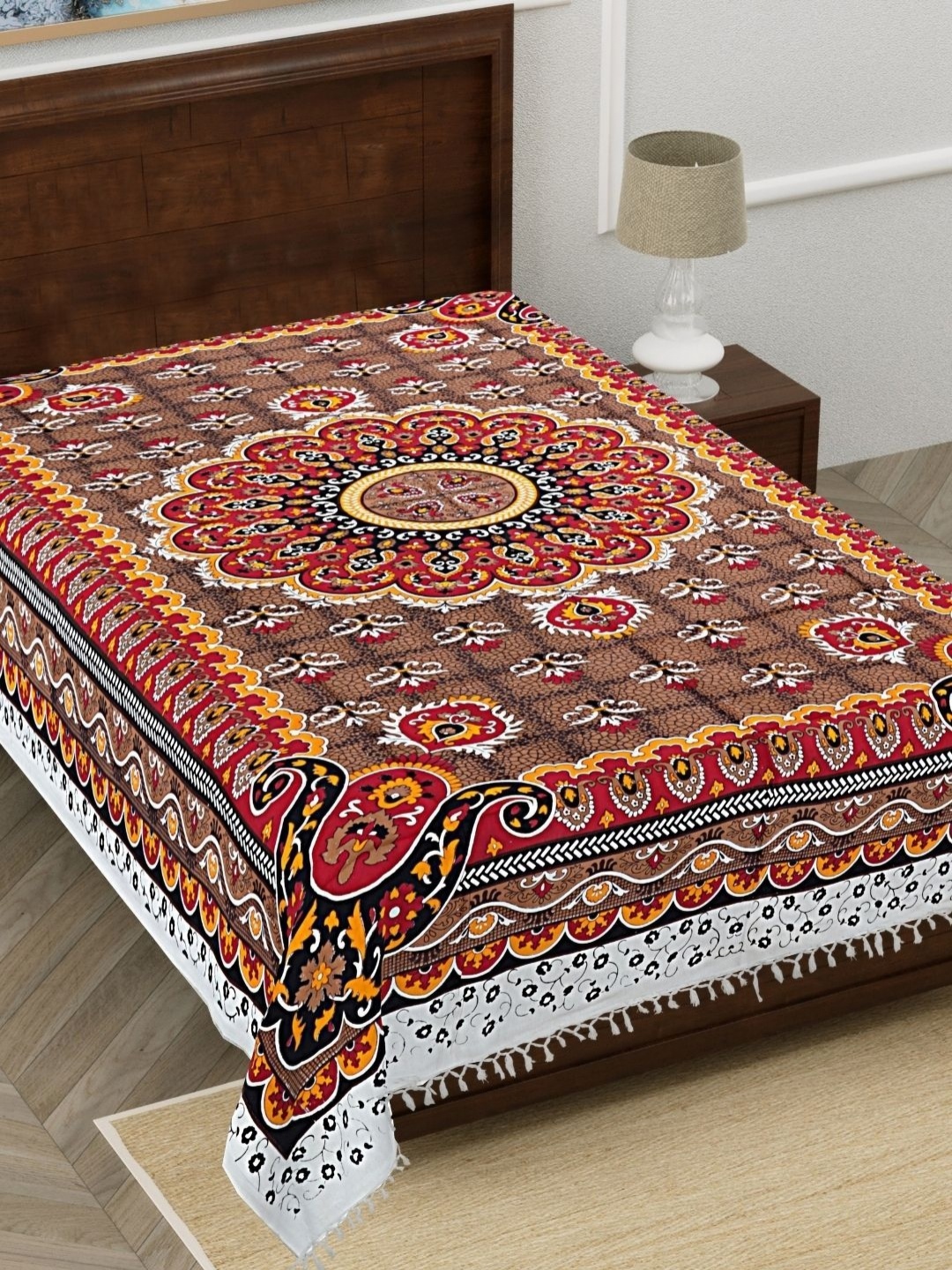 

HASHCART Brown & Red Ethnic Motifs Printed Cotton 210 TC Single Bedsheet 2.3 m x 1.52 m