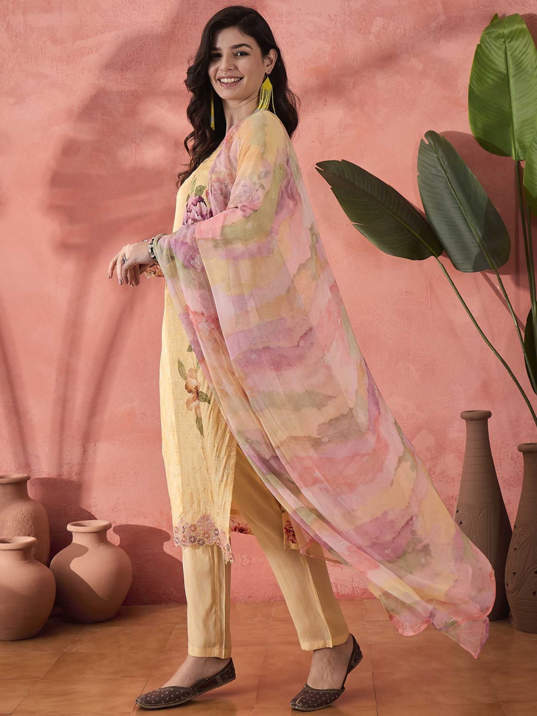 

Sangria Yellow Schiffli Floral Embroidered Kurta With Trousers And Dupatta