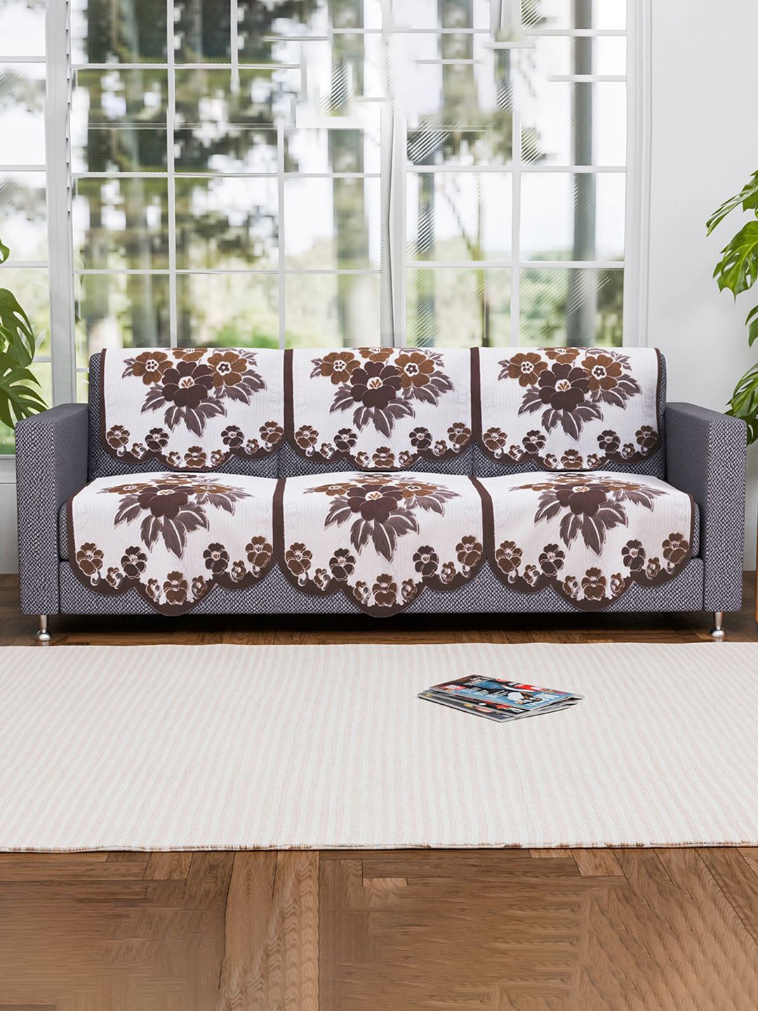 

Kuber Industries White & Brown 6 Pieces 3 Seater Printed Cotton Sofa Cover