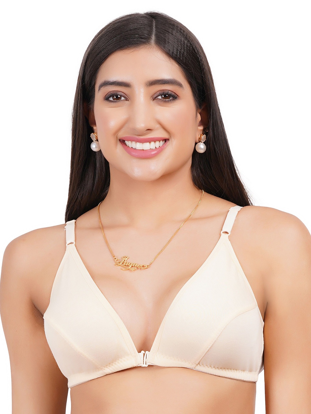 

Liigne Women T-shirt Full Coverage Front Open Non Padded Cotton Gym Bra, Cream