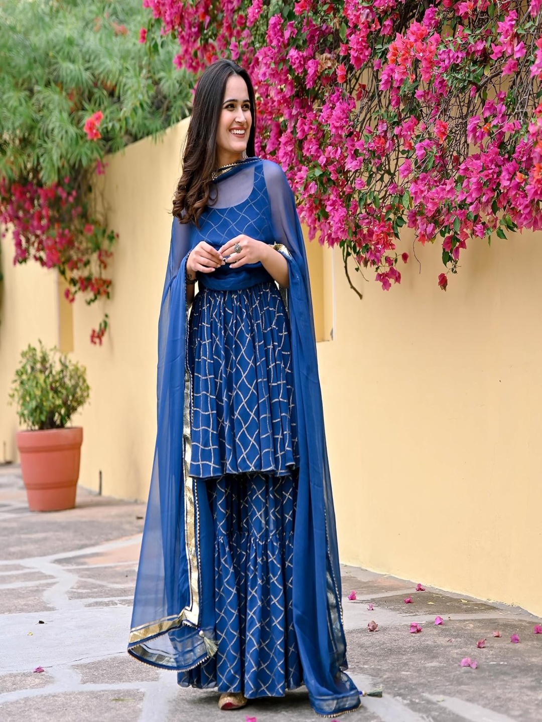 

SINSINI Geometric Printed Pleated Gotta Patti A Line Kurta with Trousers & Dupatta, Blue