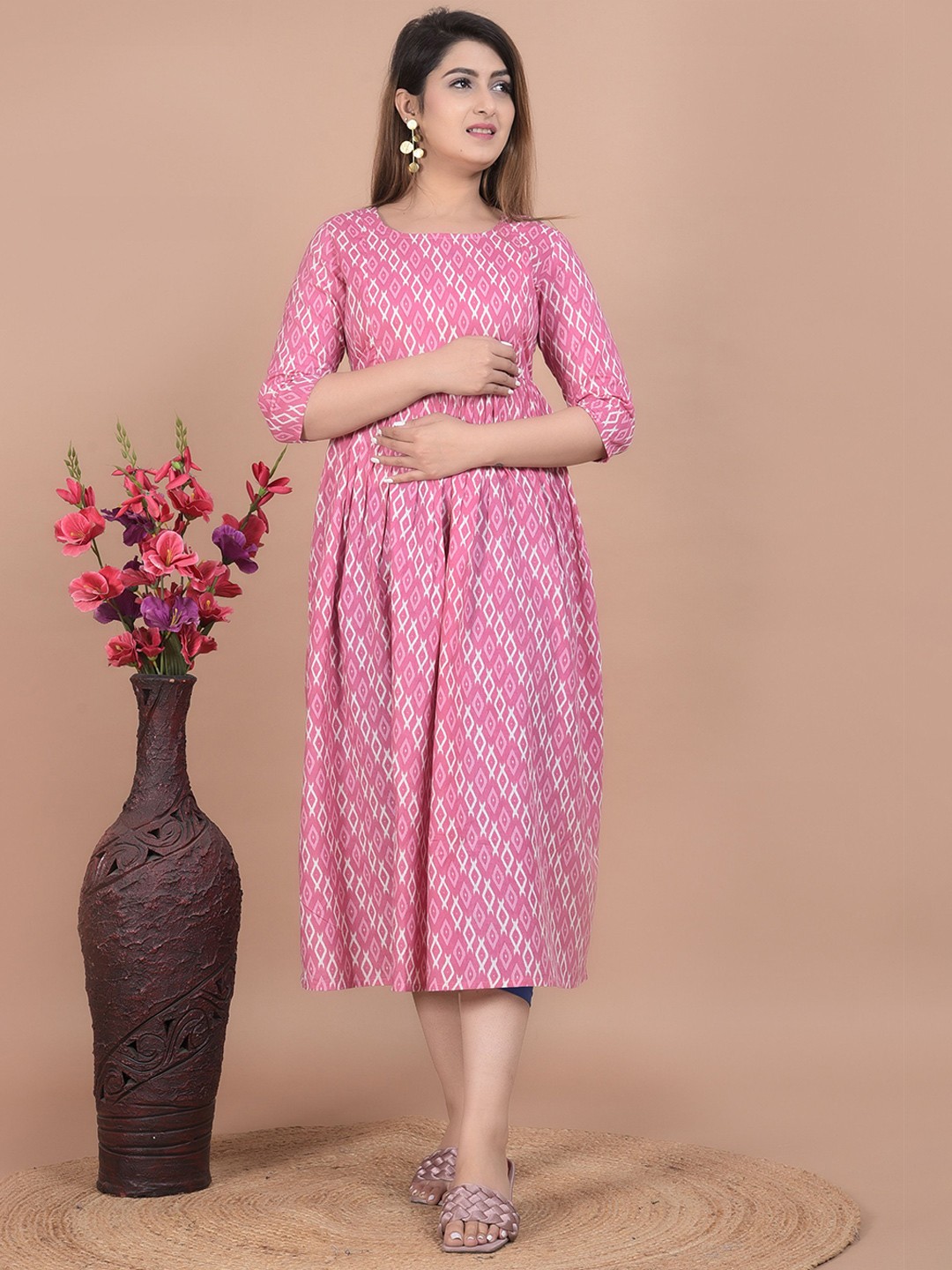

Twirl Tales Women Floral Printed Maternity Fit & Flare Midi Dress, Pink
