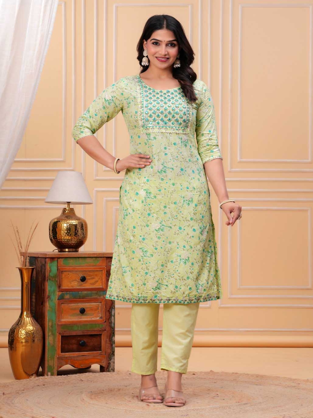 

UNISETS Women Embroidered Empire Mirror Work Chanderi Silk Kurta with Trousers, Fluorescent green