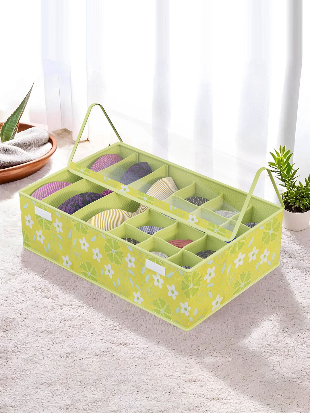 

Kuber Industries Green Printed Reusable Drawer Socks Organisers With Transparent Lid