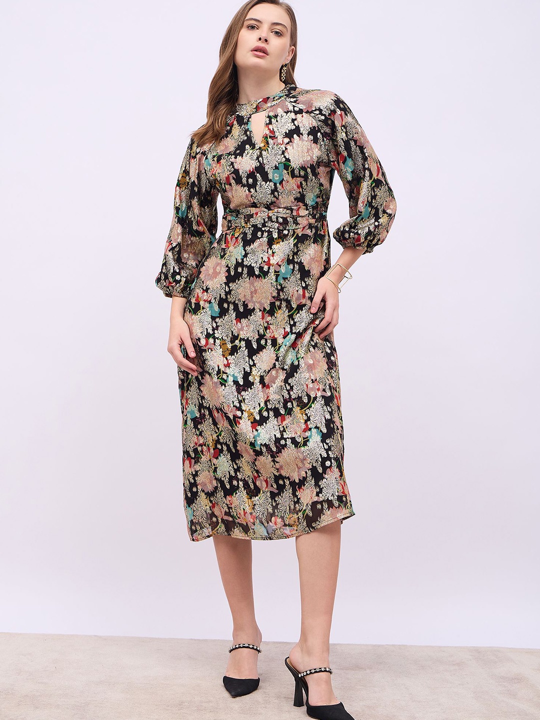 

Styli Women Jacquard Floral Print Party Sheath Dress, Black