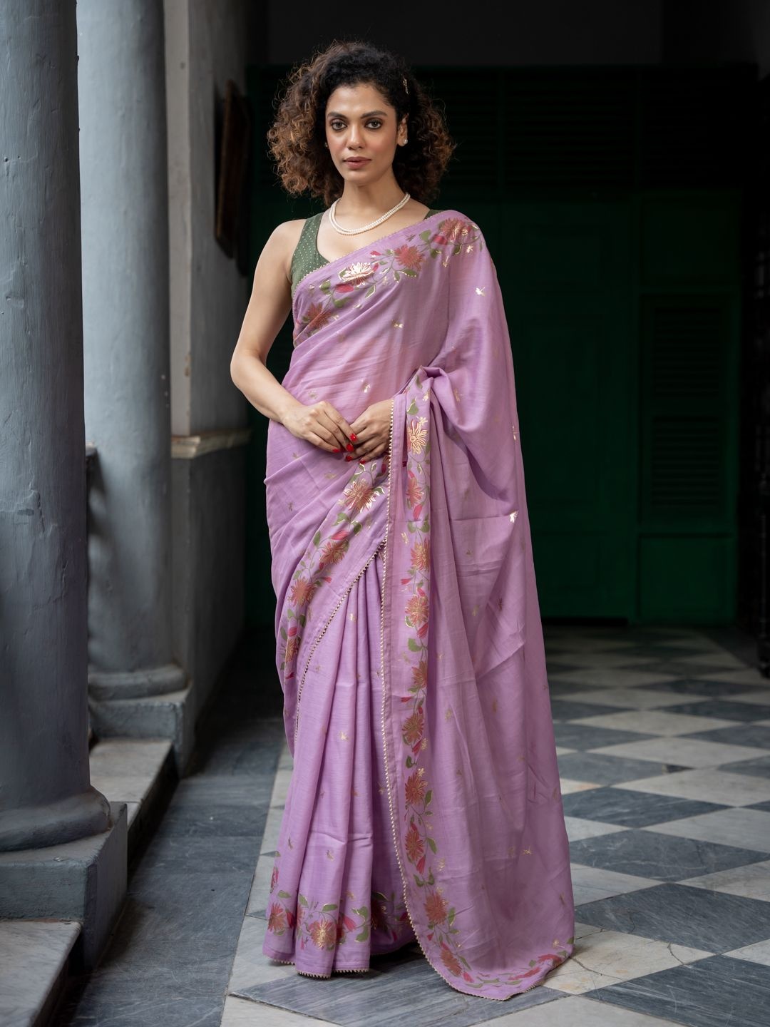 

Suta Floral Printed Lavender Color Cotton Blend Saree