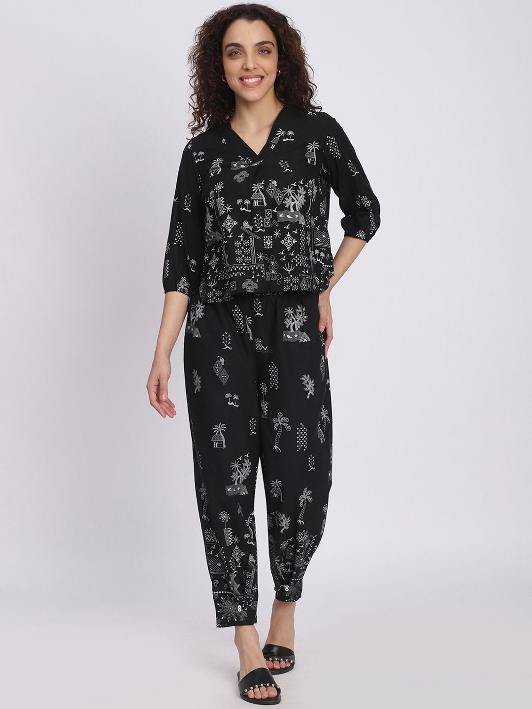 

R&B Printed Cotton Top With Trouser Co-Ords, Black