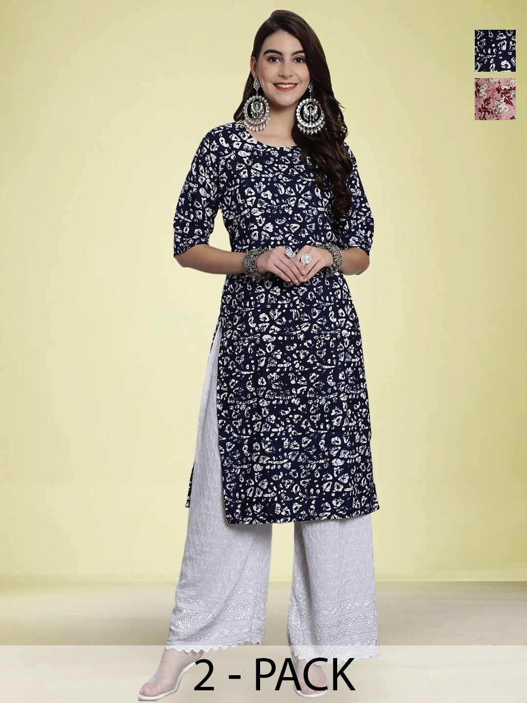 

Moda Rapido Selection of 2 Floral Printed Round Neck Straight Kurtas, Blue