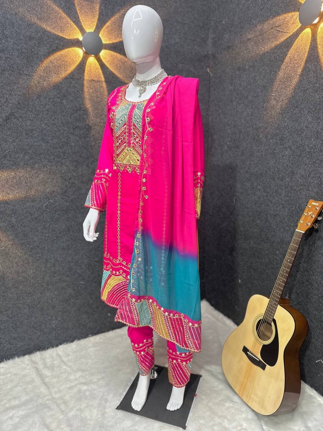 

mimi design Women Regular Kurta with Dhoti Pants & With Dupatta, Pink