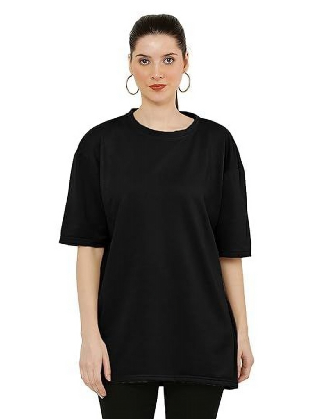 

NOTWILD Women Solid Round Neck Cotton Oversized T-shirt, Black