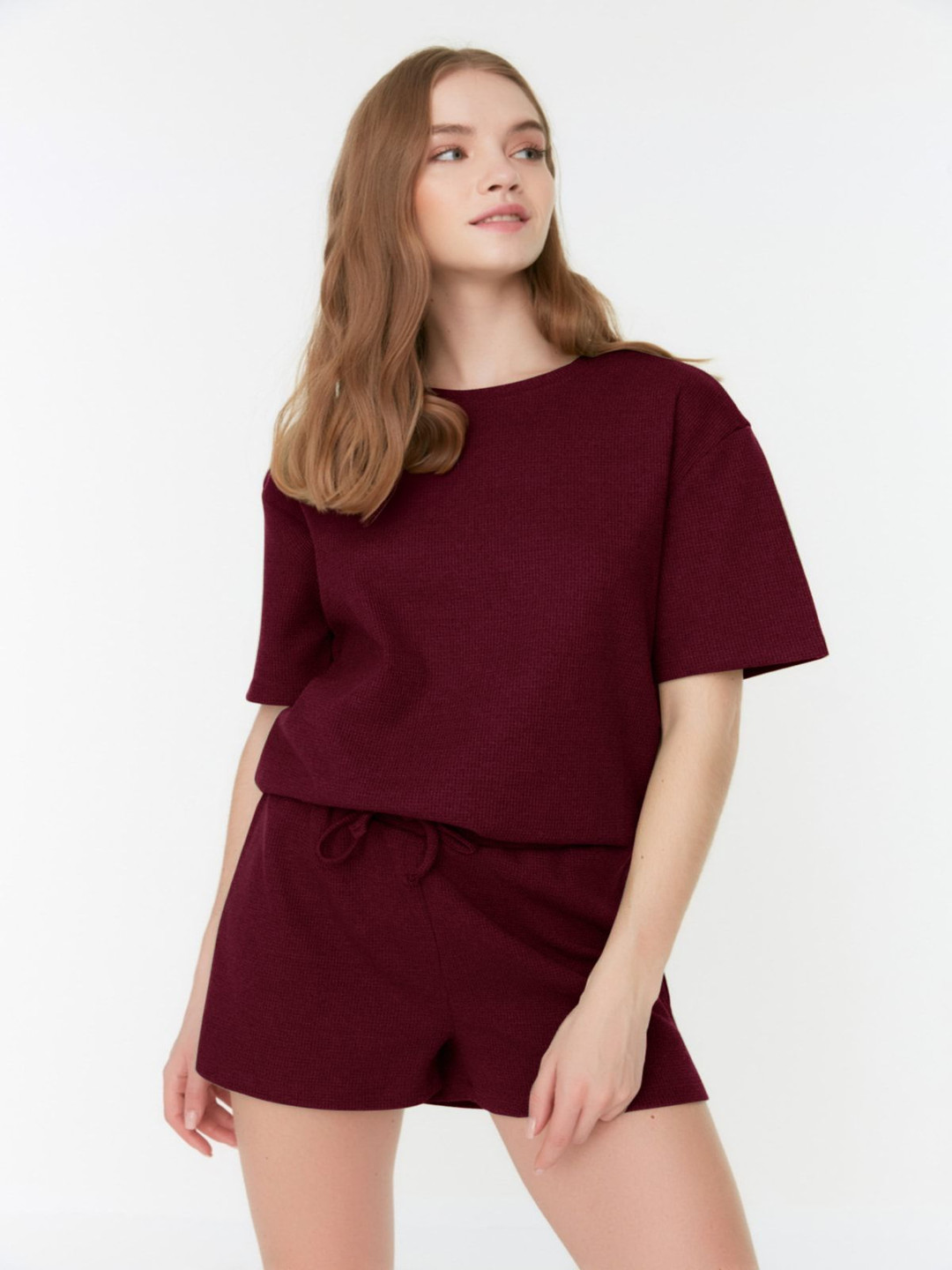 

Trendyol Women Round Neck Night Suit, Maroon