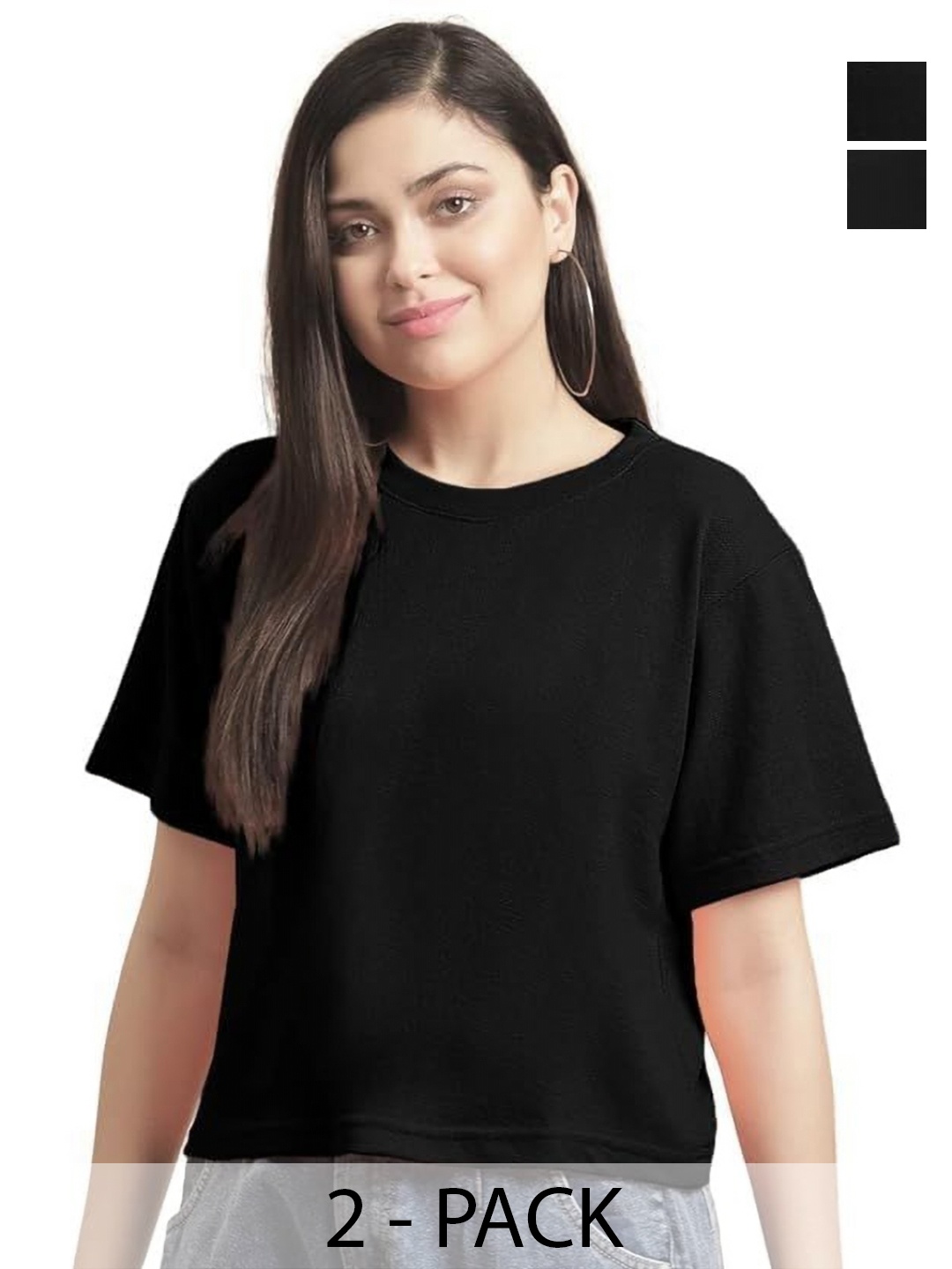 

NOTWILD Women Pack Of 2 Solid Round Neck Cotton T-shirts, Black