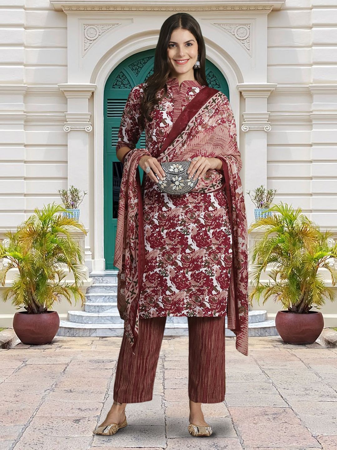 

Moda Rapido Floral Printed Round Neck Straight Kurta With Trouser And Dupatta, Maroon