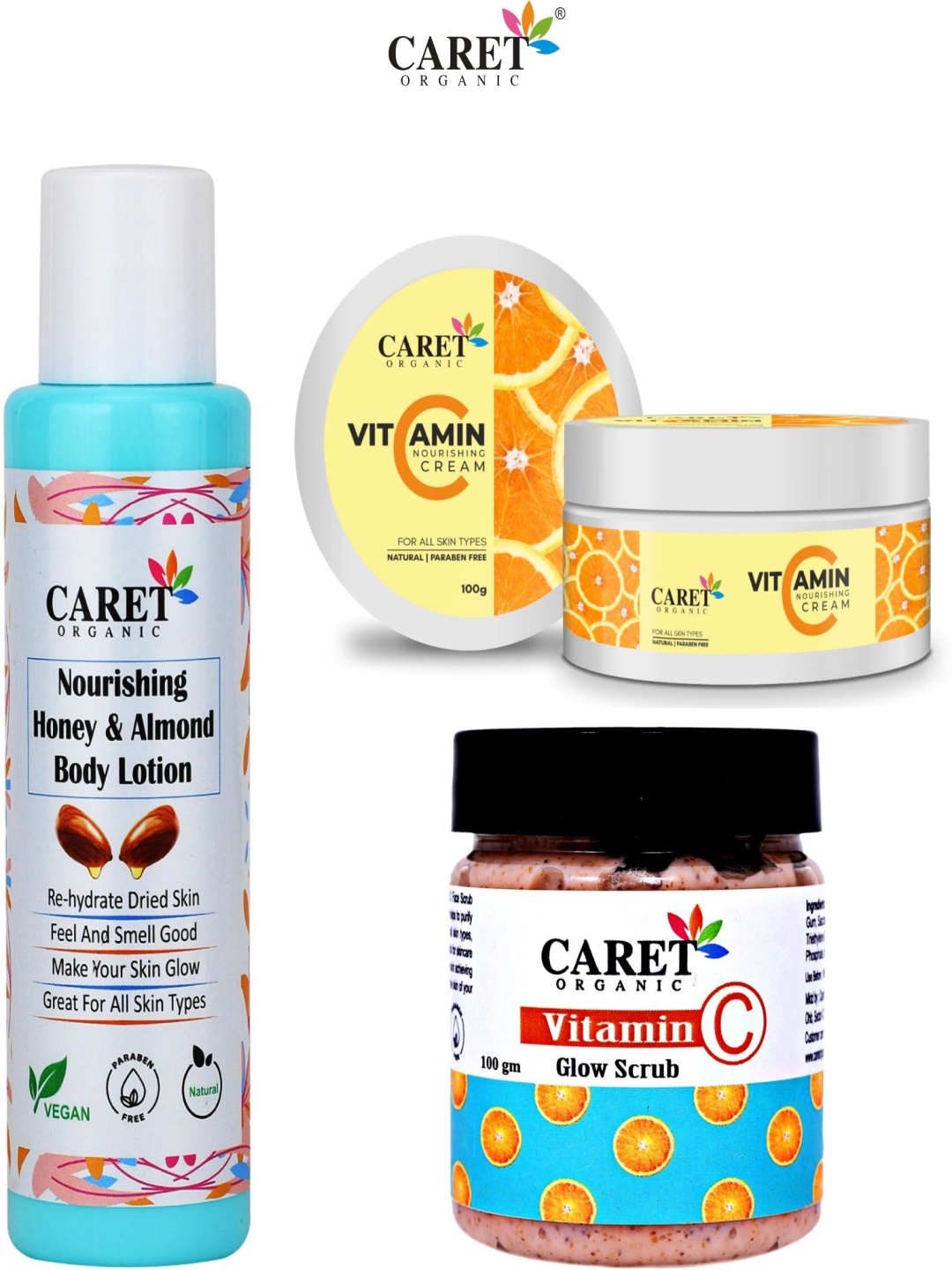 

CARET ORGANIC Honey & Almond Body Lotion With Vitamin C Cream & Vitamin C Glow Scrub, White