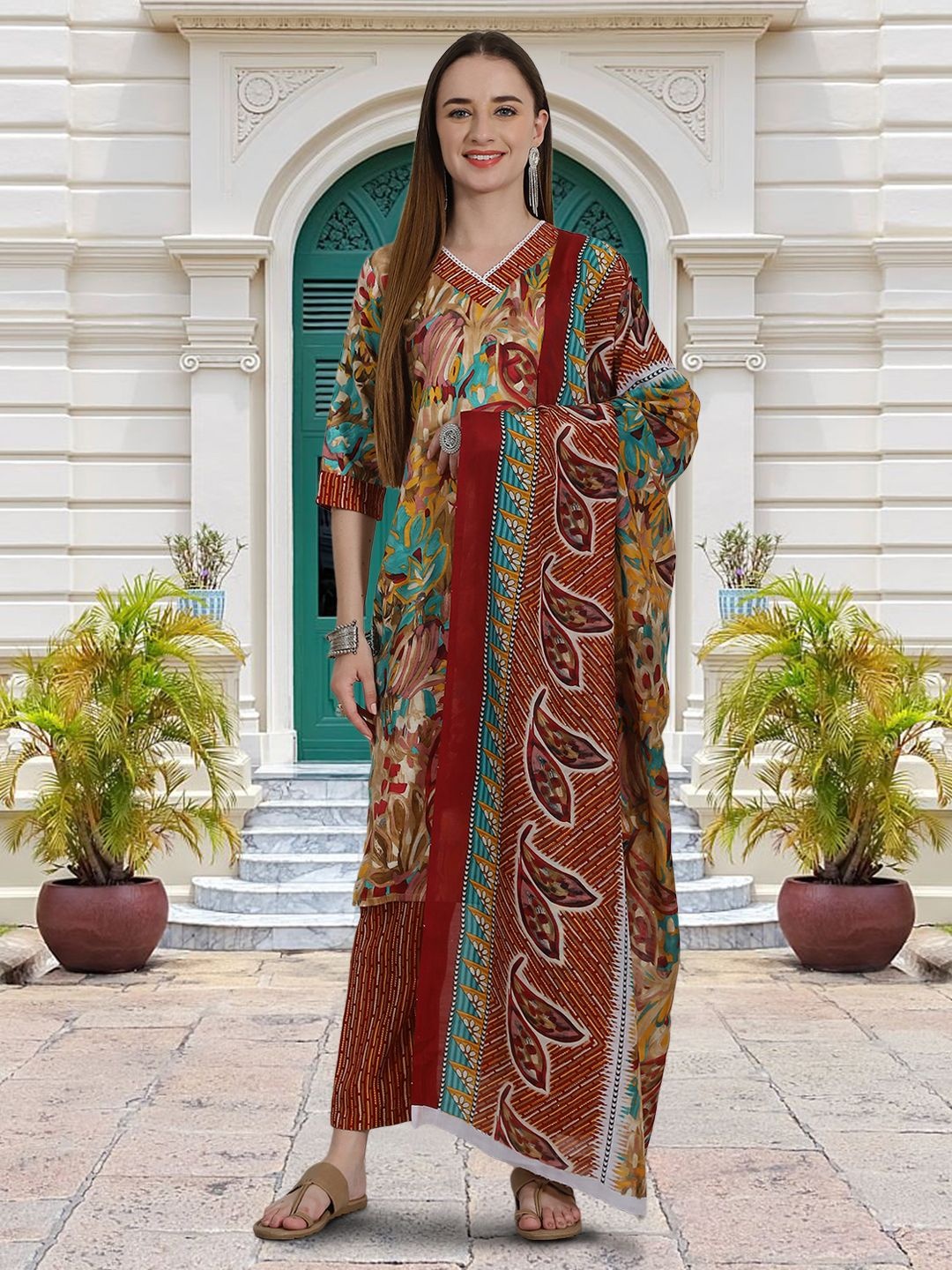 

Moda Rapido Floral Printed V-Neck Straight Kurta With Trouser And Dupatta, Brown
