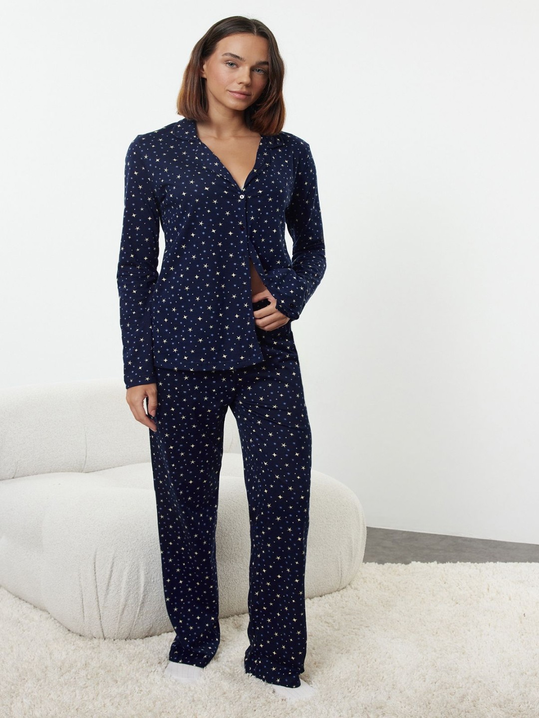 

Trendyol Women Geometric Printed Pure Cotton Night suit, Navy blue