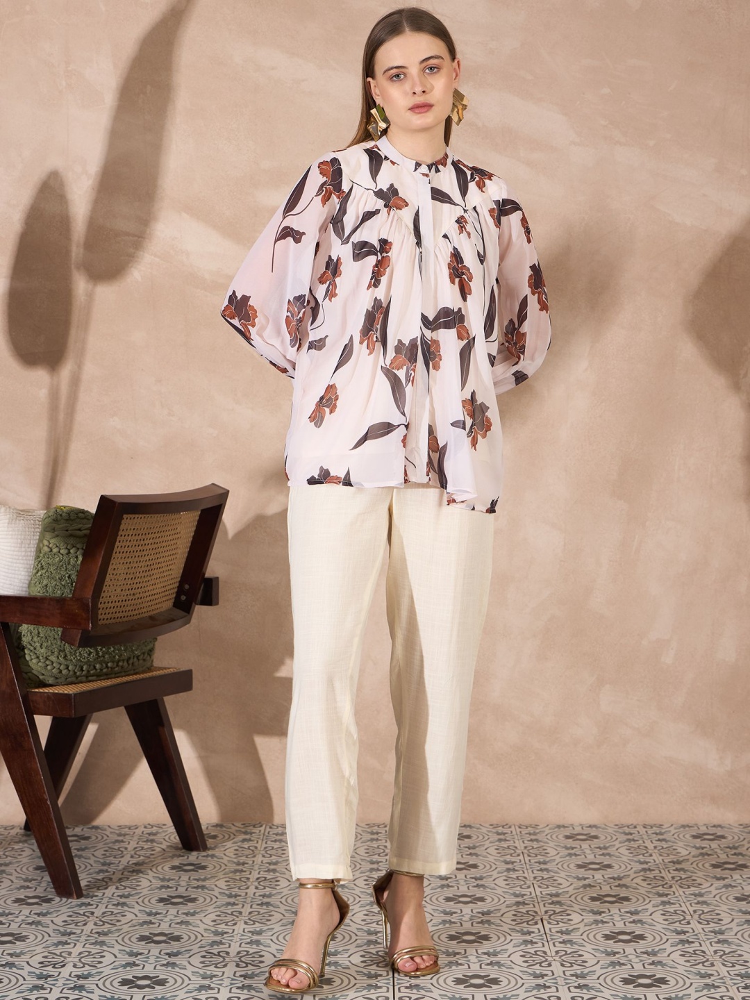 

All About You Floral Printed Band Collar Top With Trouser, Cream