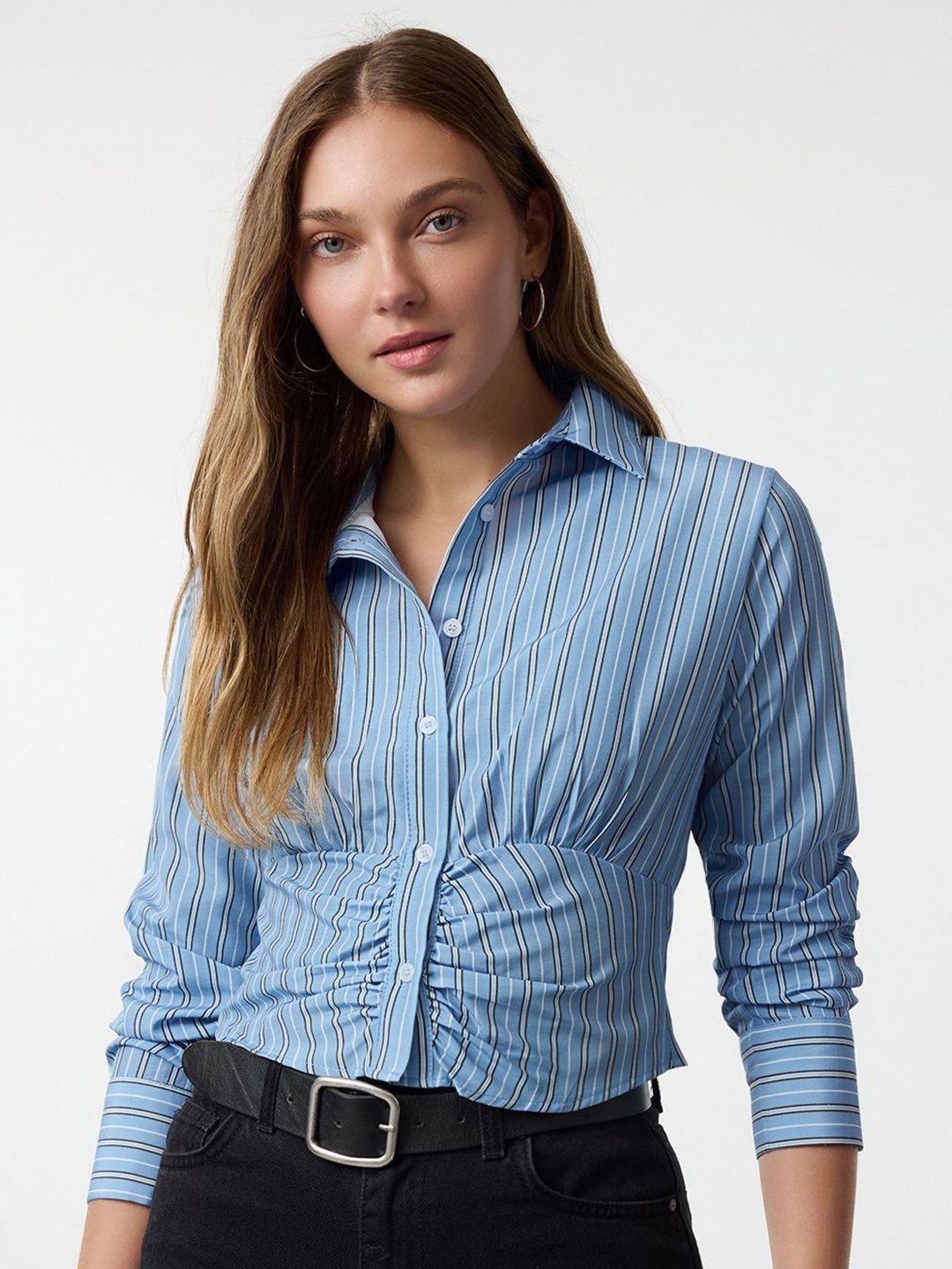 

Trendyol Women Spread Collar Vertical Striped Casual Shirt, Blue