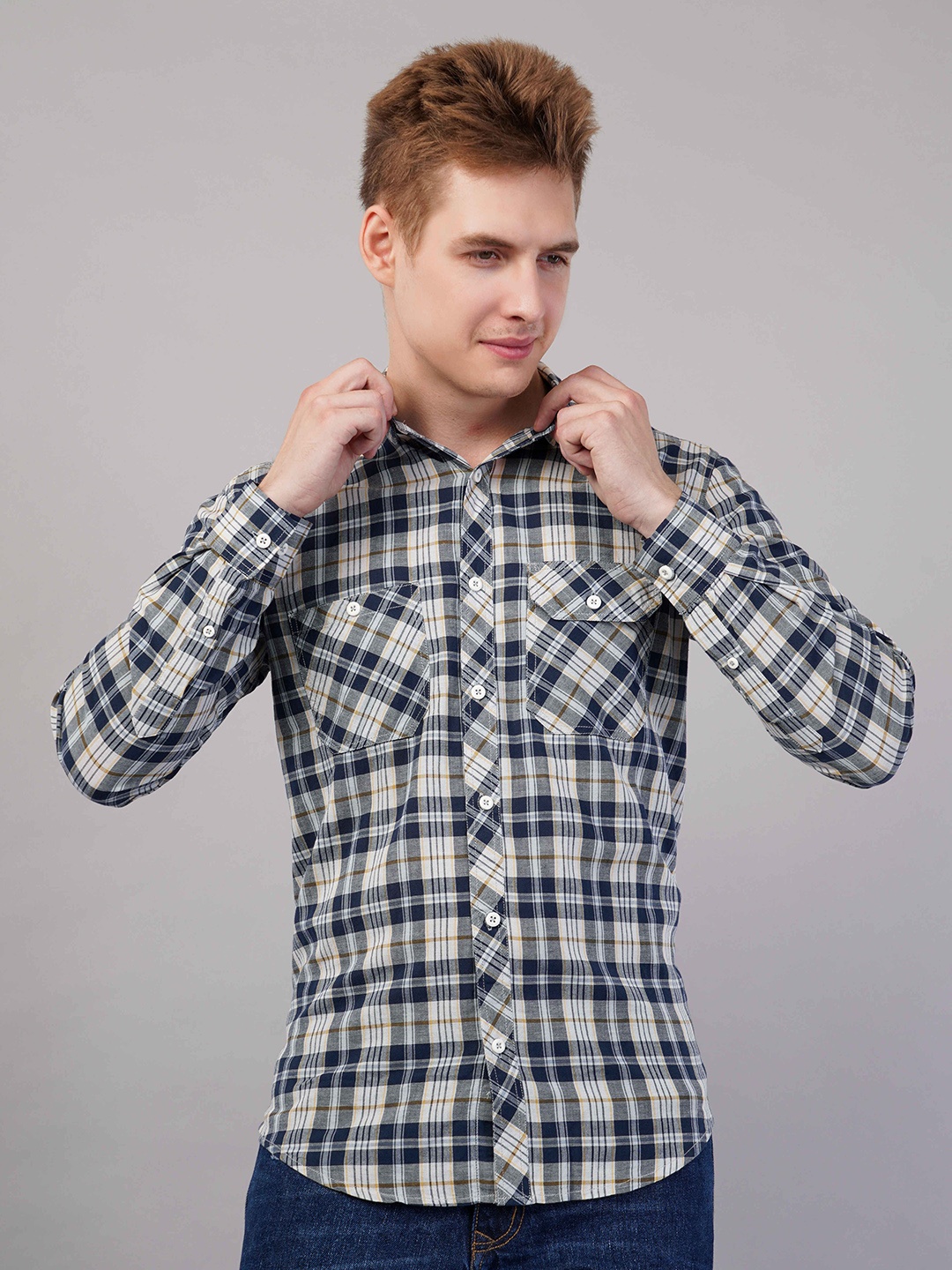 

Binioz Men Classic Tartan Checks Opaque Checked Casual Shirt, Navy blue