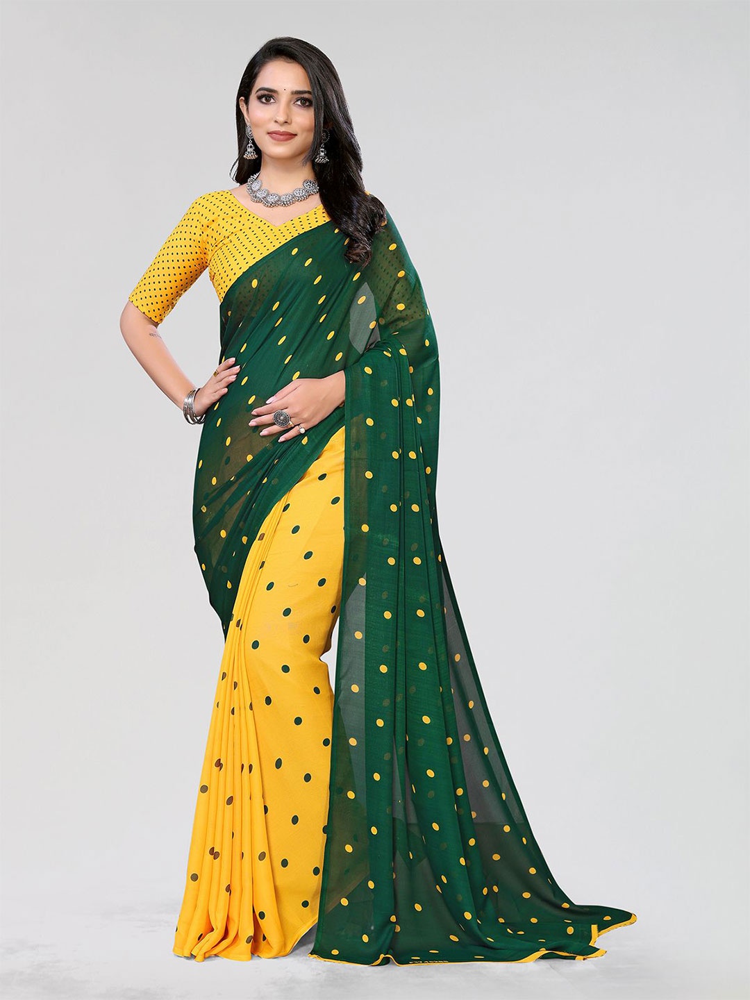 

Moda Rapido Women Polka Dot Saree With Blouse Piece, Green