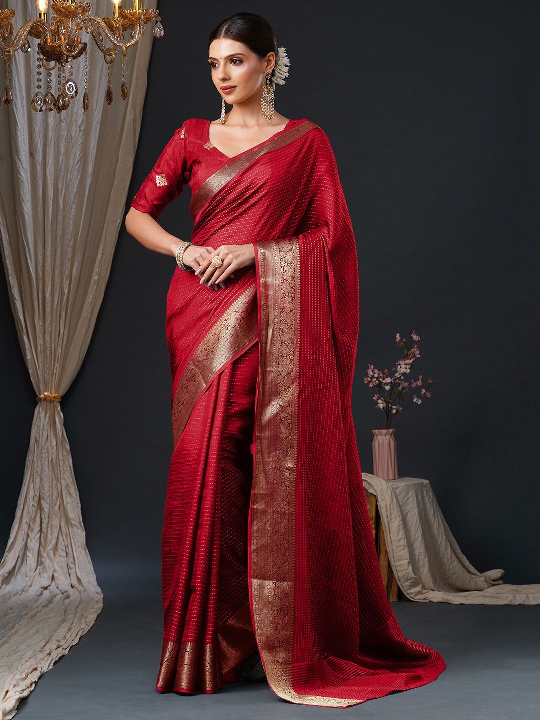 

Anouk Striped Woven Design Zari Banarasi Saree, Red
