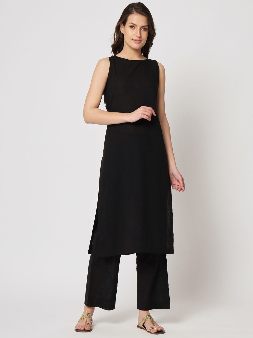 

Thevasa Pure Cotton Round Neck Sleeveless Straight Tunic With Trouser, Black