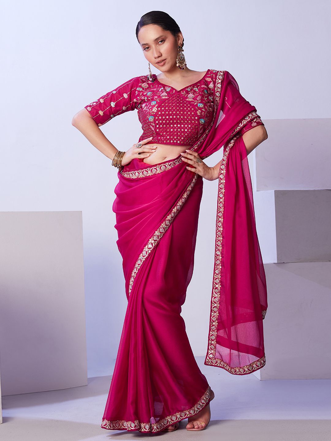 

Mitera Embellished Embroidered Pure Chiffon Saree, Red