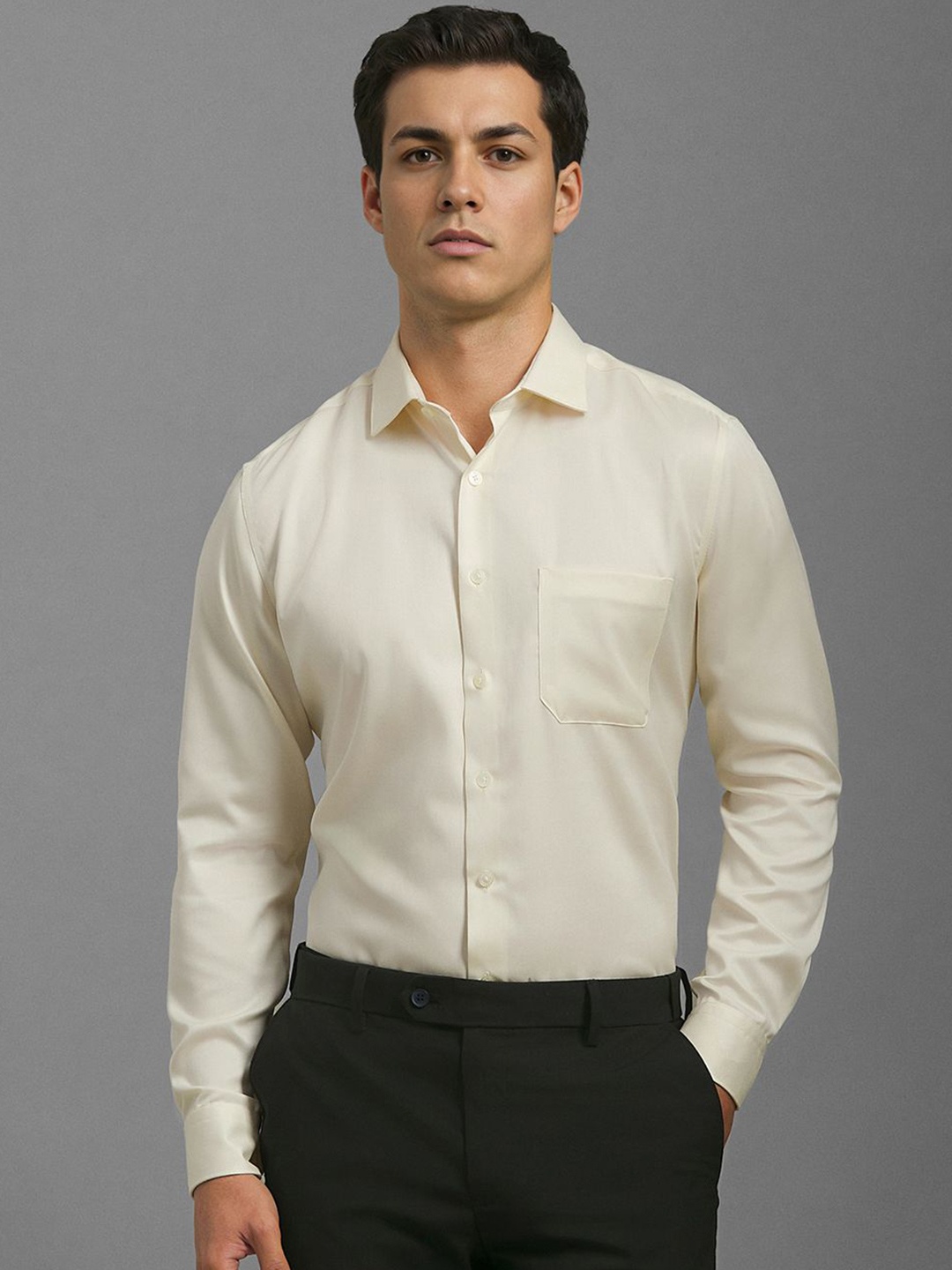 

Louis Philippe Men Slim Fit Spread Collar Solid Cotton Formal Shirt, Cream