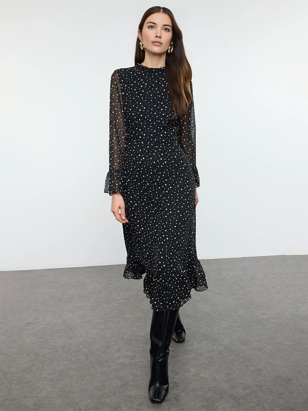 

Trendyol Polka Dot Print Bell Sleeve Fit & Flare Midi Dress, Black