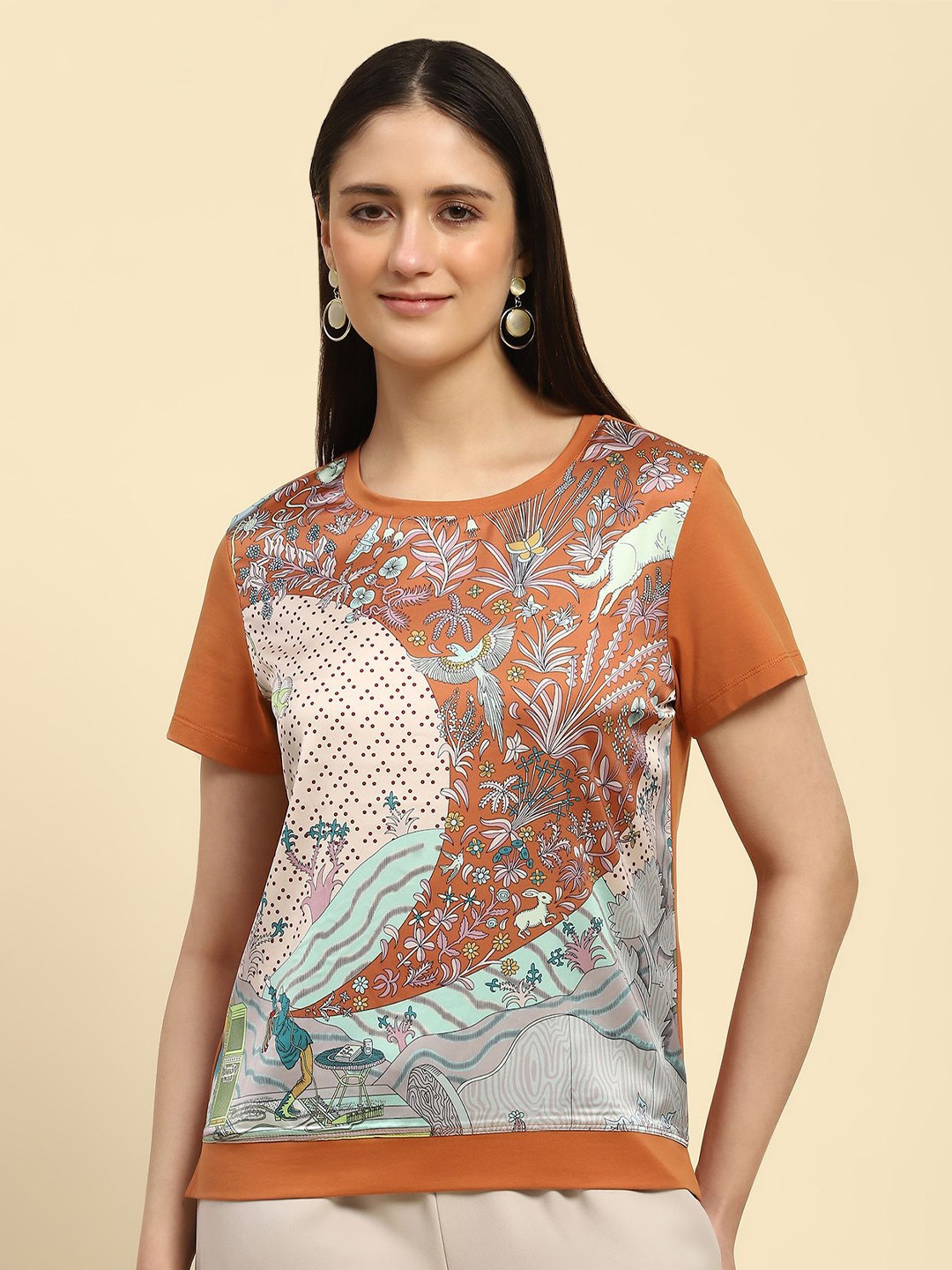 

Global Republic Women Printed Cotton Top, Brown