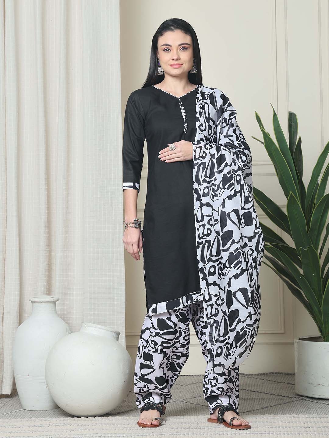 

Roly Poly V-Neck Straight Kurta With Patiala And Dupatta, Black