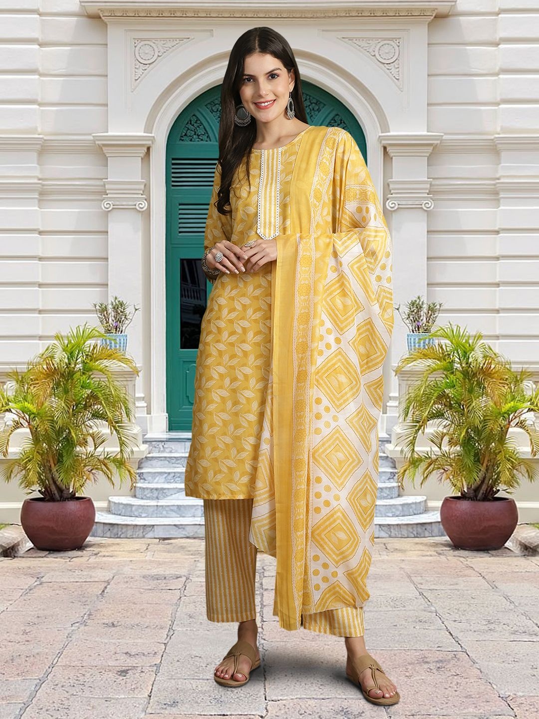 

Moda Rapido Floral Printed Round Neck Straight Kurta With Trouser And Dupatta, Yellow