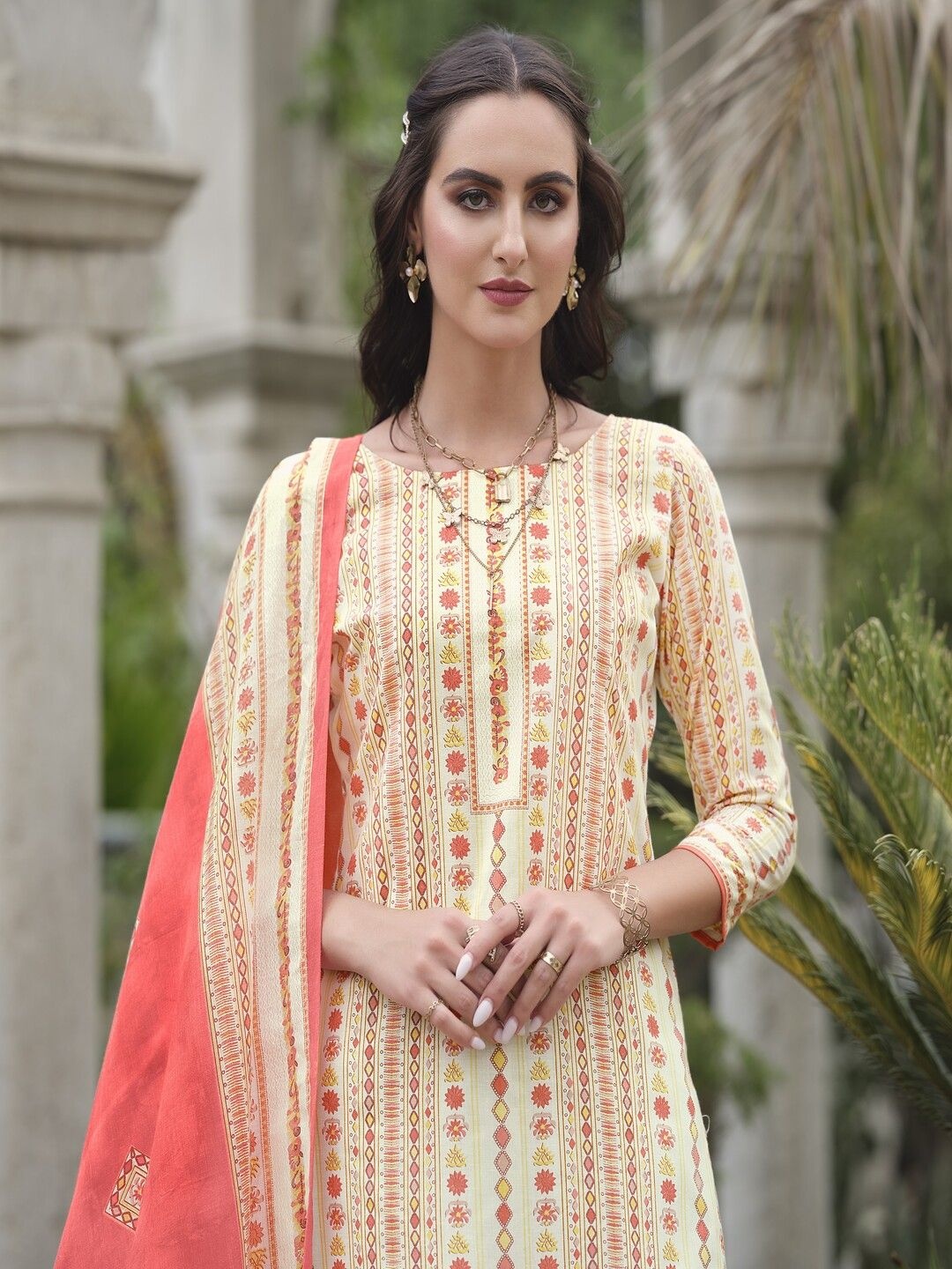 

DRAVINAM Floral Embroidered Pure Cotton Unstitched Dress Material, Peach