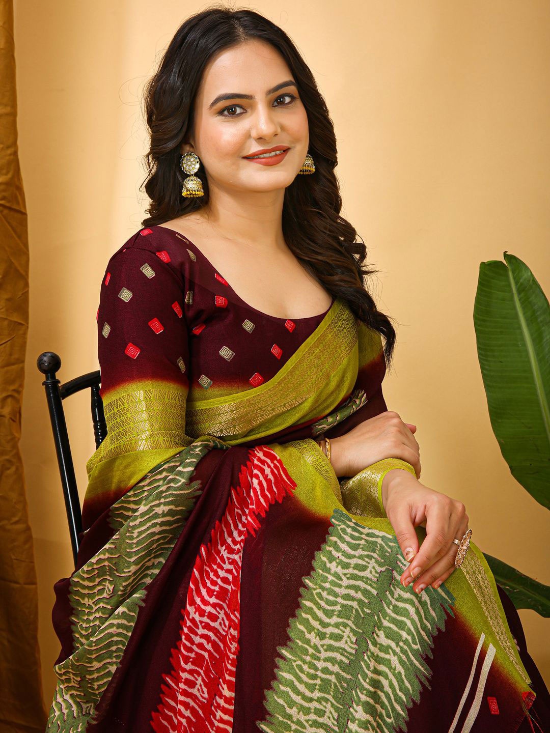 

KALINI Woven Design Zari Sungudi Saree, Brown