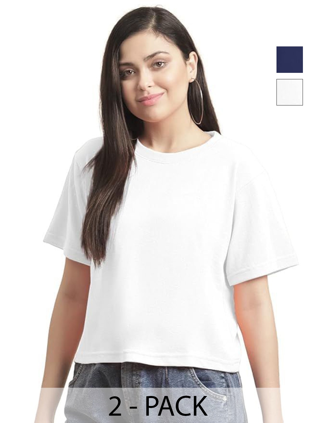 

NOTWILD Women Pack Of 2 Solid Round Neck Cotton T-shirts, White