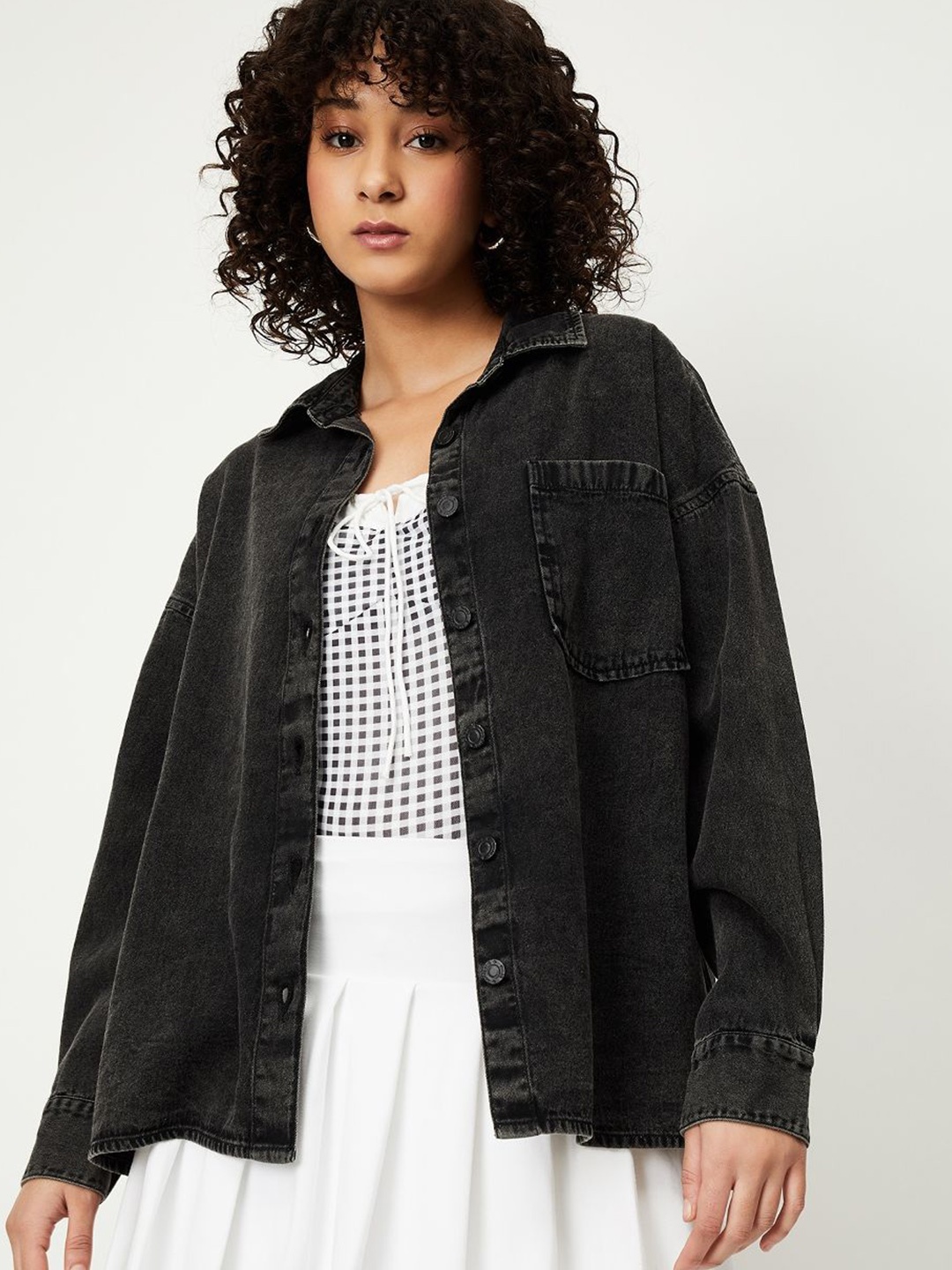 

max Women Oversized Fit Spread Collar Solid Cotton Casual Shirt, Black