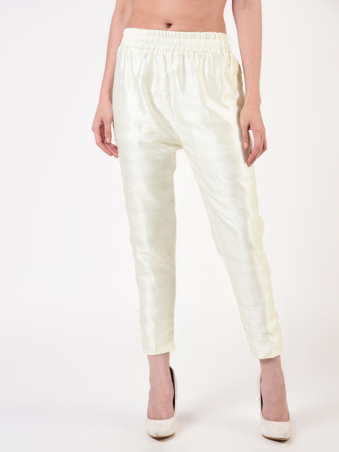 

FLOREOS Women Textured Comfort Easy Wash Regular Trousers With Pocket and Lining, Off white