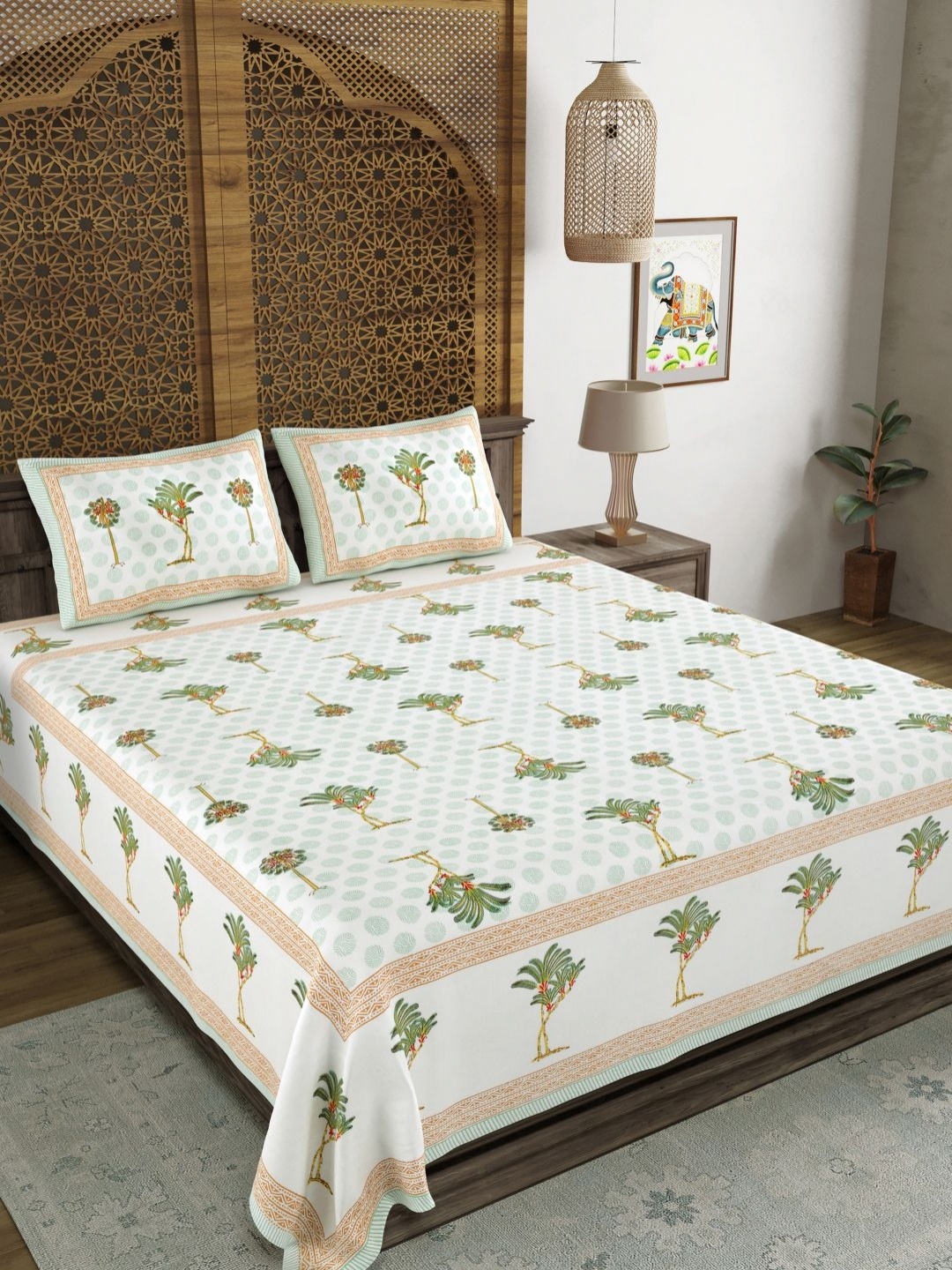 

Myntra Elegant Homes Green And white Printed 210 TC King Bedsheet Set 2.64 m x 2.64 m