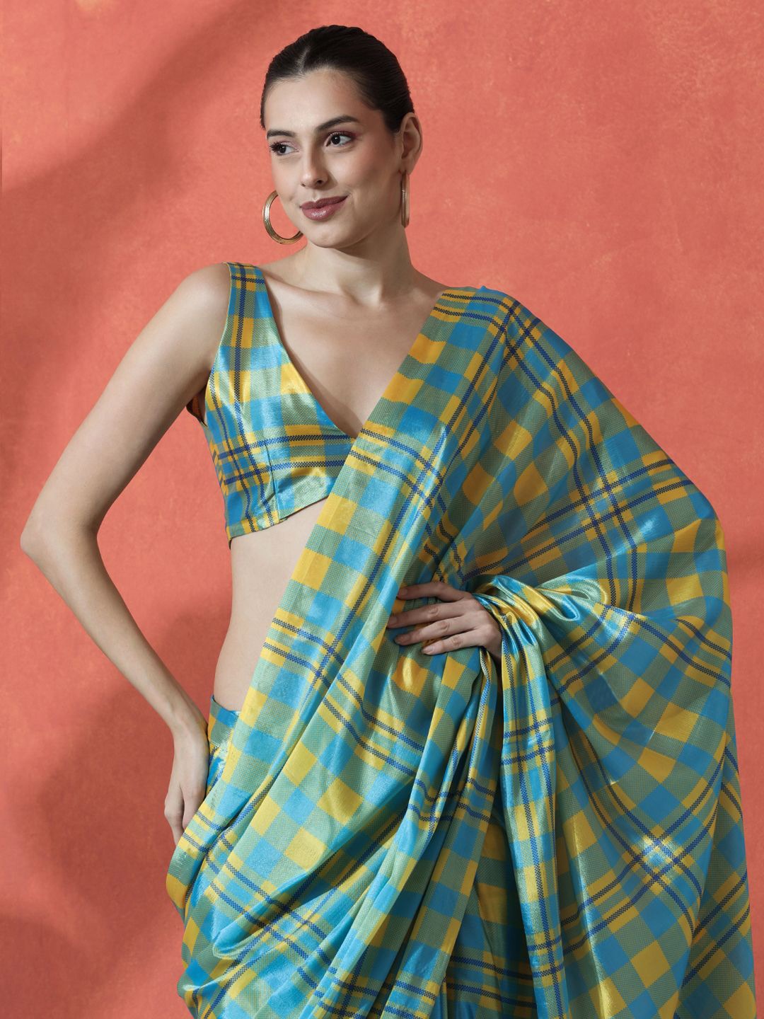 

Sangria Satin Checked Digital Printed Saree Ready to wear Saree, Blue